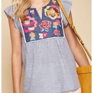 Savanna Jane Womens Small Embroidered Floral Striped Sleeveless Top v-neck